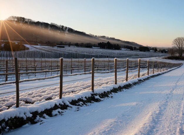 the delicate beauty of grapevines covered in frost during a cold winter morning