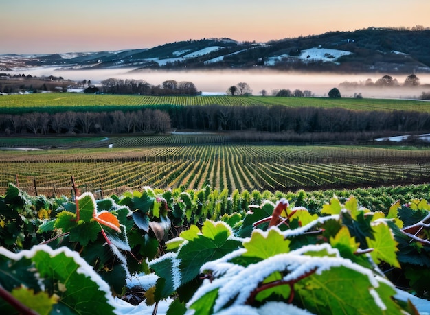 Photo the delicate beauty of grapevines covered in frost during a cold winter morning