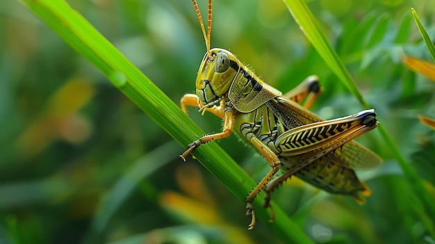 The delicate beauty of a grasshopper perched on a blade of grass AI generated illustration