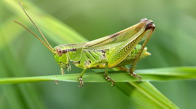 The delicate beauty of a grasshopper perched on a blade of grass AI generated illustration