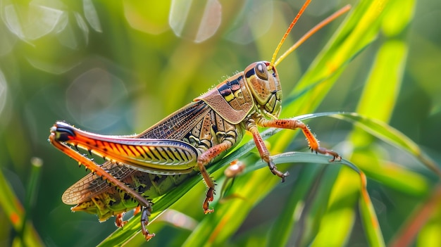 The delicate beauty of a grasshopper perched on a blade of grass AI generated illustration