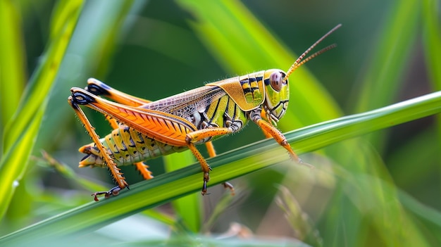 The delicate beauty of a grasshopper perched on a blade of grass AI generated illustration