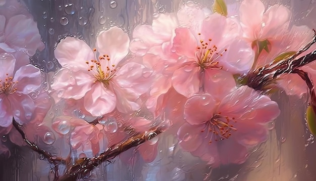 delicate beauty of light pink flowers reflected on a windowpane