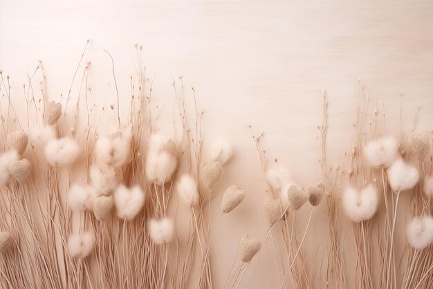 Delicate beige composition of twigs fluffy plants and feathers on background with copy space