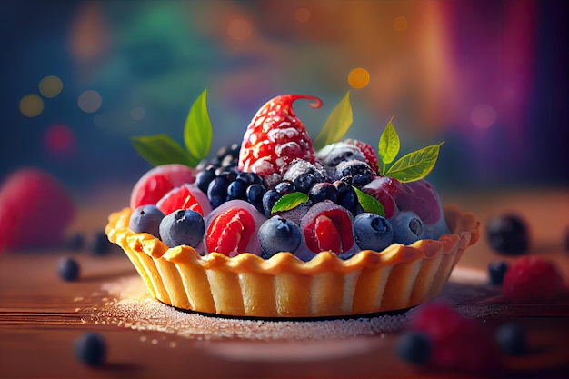 Delicate berry tart from pastry shop on blurred blurry background