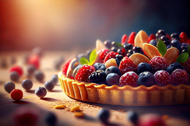 Delicate berry tart from pastry shop on blurred blurry background