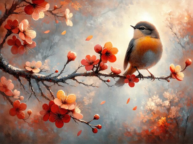 A delicate bird perches on a cherry blossom branch depicted in an evocative painting with warm tones and a dreamy atmosphere