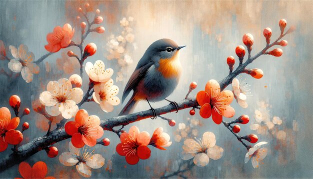 A delicate bird perches on a cherry blossom branch depicted in an evocative painting with warm tones and a dreamy atmosphere