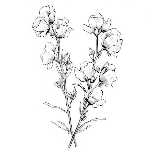 Photo delicate black and white line drawing of snapdragon flowers