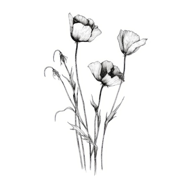 Delicate Black And White Poppy Painting Minimalist Floral Artwork