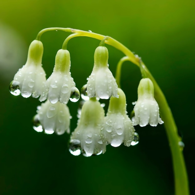 Delicate bloesems van Lelietje-van-dalen glinsteren van de ochtenddauw