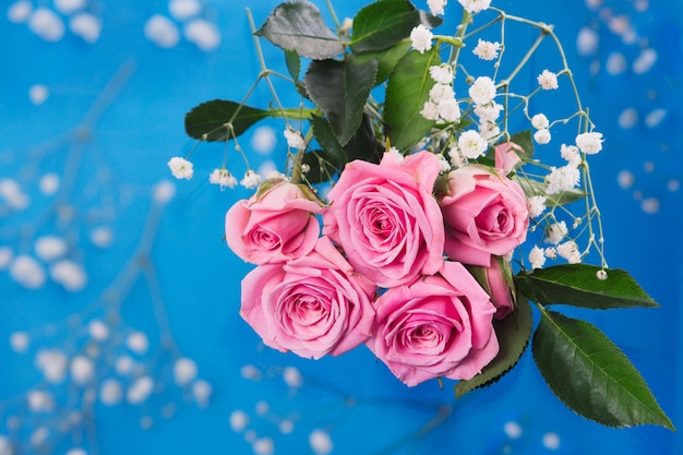 Delicate blossoming pink flowers, blooming roses festive surface