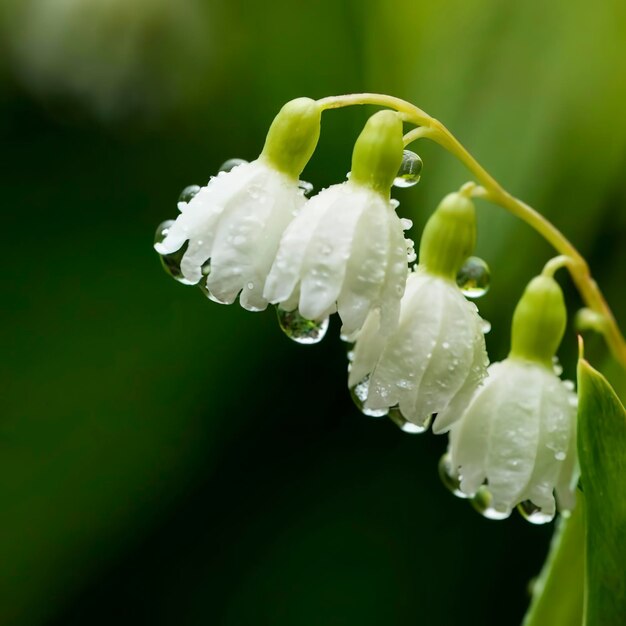 Delicate blossoms of Lily of the Valley glistening with morning dew captured in exquisite macro detail