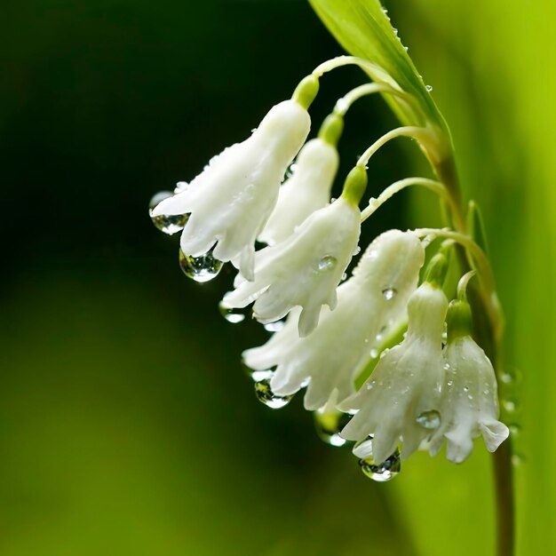 Delicate blossoms of Lily of the Valley glistening with morning dew