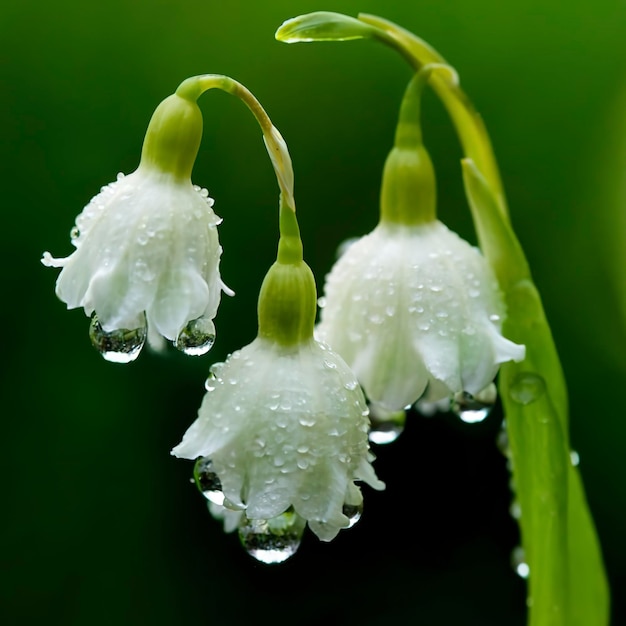 Delicate blossoms of Lily of the Valley glistening with morning dew