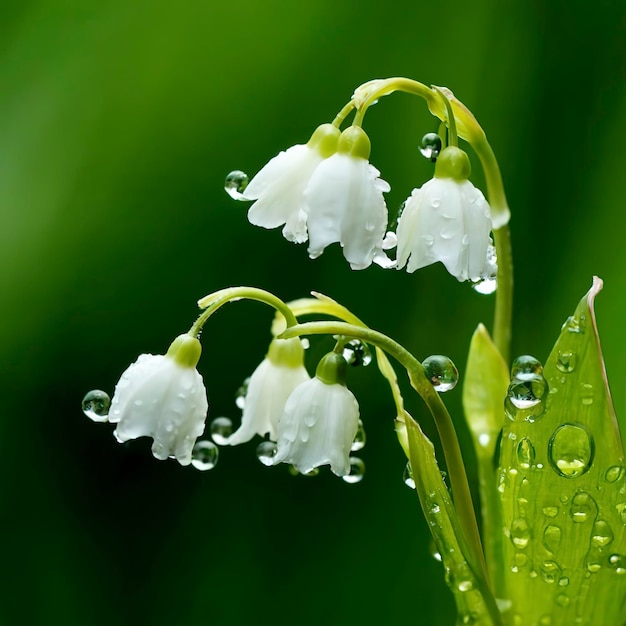 Delicate blossoms of Lily of the Valley glistening with morning dew