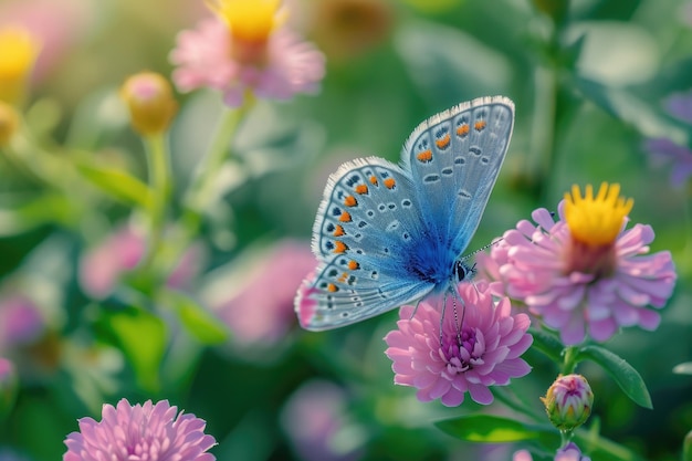 Delicate Blue Butterfly On A Bed Of Flowers