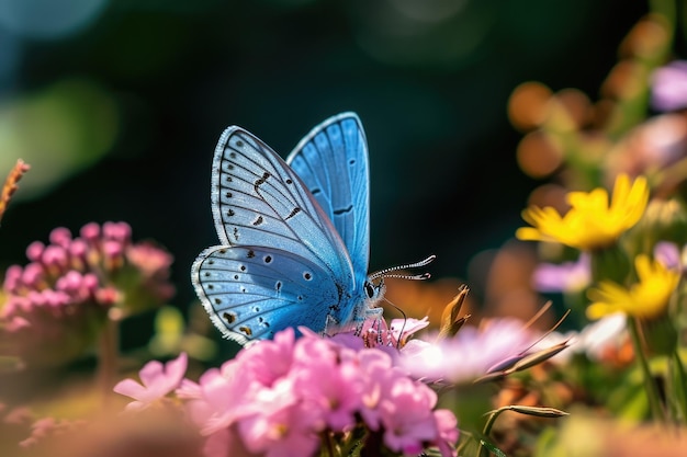 Delicate Blue Butterfly On A Bed Of Flowers