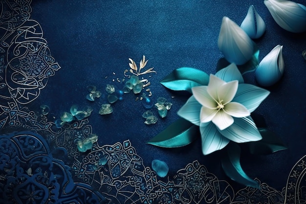 Delicate blue and white flower set against a serene blue background Generative AI