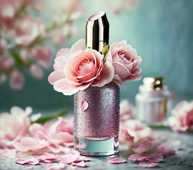 A delicate bouquet of petals wraps around a shimmering lipstick bottle creating a beautiful vignet