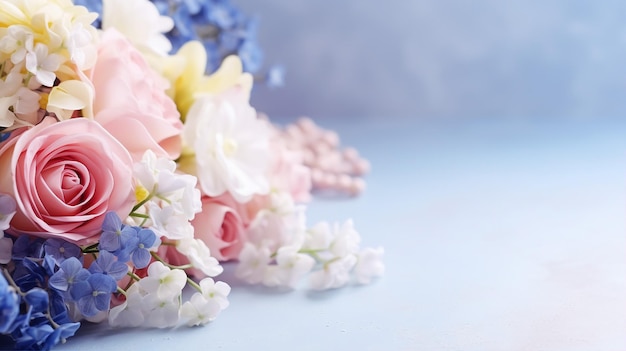 Delicate bouquet of roses lilies and hydrangeas in soft pastel colors on a serene blue background