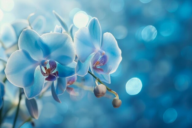 A delicate branch of blue orchids against a soft blue and white background capturing the beauty of tropical flora