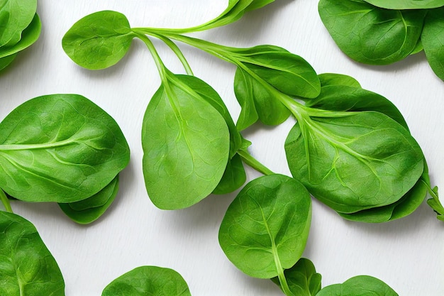 Delicate bright green leaves of healthy spinach on white background