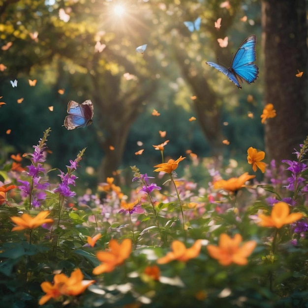 Нежные бабочки порхают среди сияющего сада цветущих цветов.