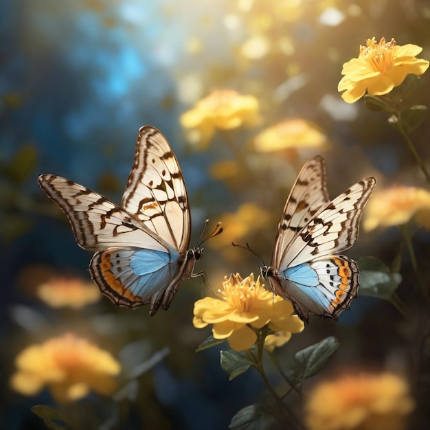 노란 꽃에 있는 섬세한 나비들 인공지능 생성