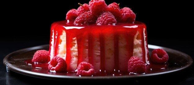 Photo delicate cake topped with raspberries and jelly