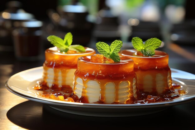 Delicate caramel pudding decorated with fresh mint generative IA