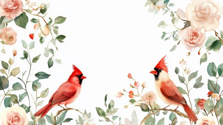 Delicate Cardinals Amid Soft Watercolor Florals Embracing Natures Beauty