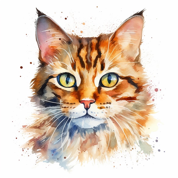 Delicate Cat Watercolor Drawing on a White Backdrop
