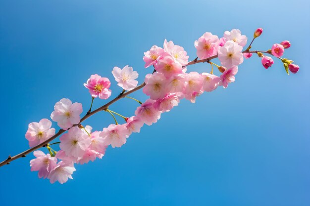 明るい青い空を背景に微妙な桜の花の枝が春の短暫な美しさを捉えています