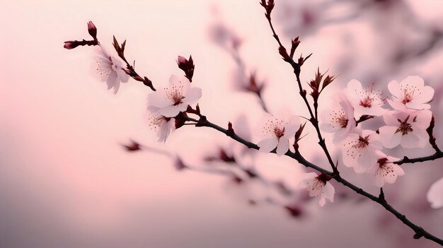 연한 분홍색 하늘을 배경으로 섬세한 체리 꽃 가지