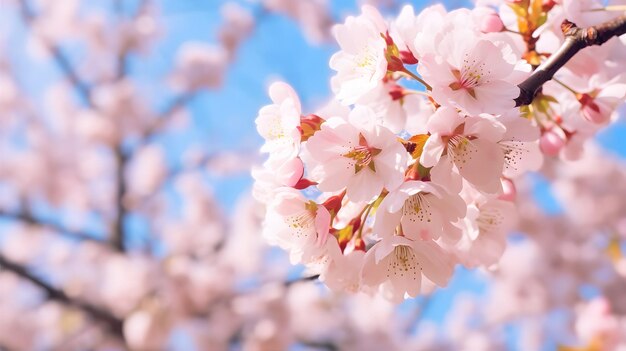 평화로운 봄날의 맑고 푸른 하늘 아래 바람에 춤추는 부드러운 분홍색 꽃잎이 공중에 떠 있는 섬세한 벚꽃 Generative ai