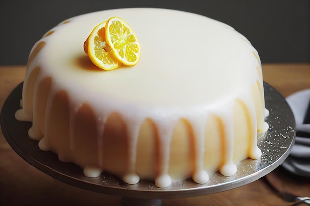 Delicate citroencake in suikerchocoladeglazuur op dienblad op tafel