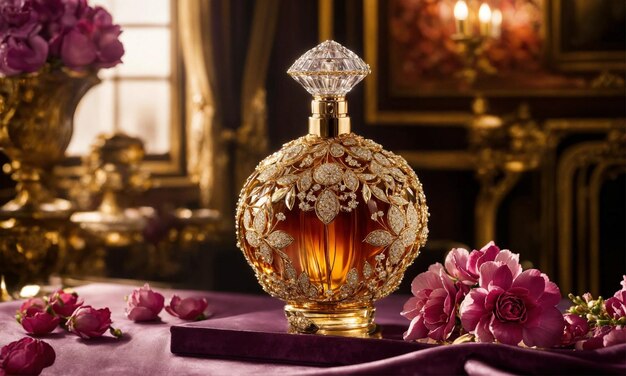 A delicate combination of sweet perfume and vibrant purple flowers in luxury scene