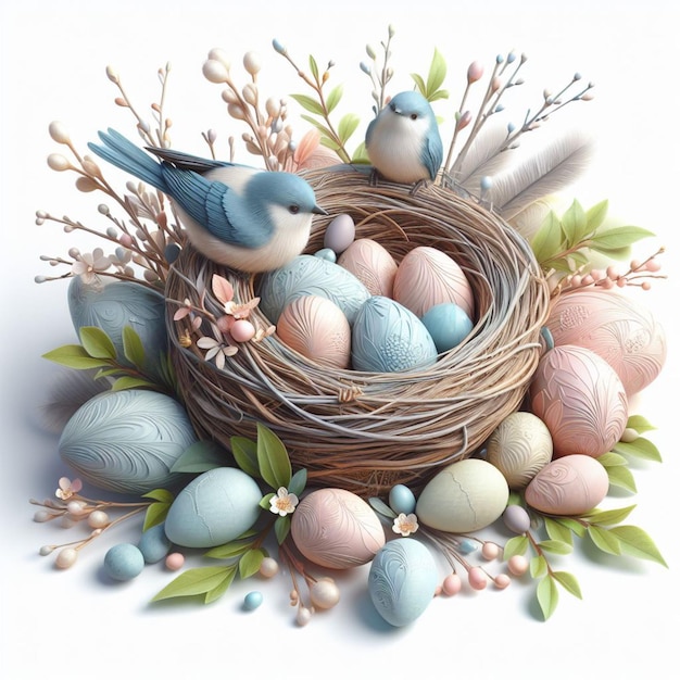 Photo a delicate composition birds in a nest easter eggs