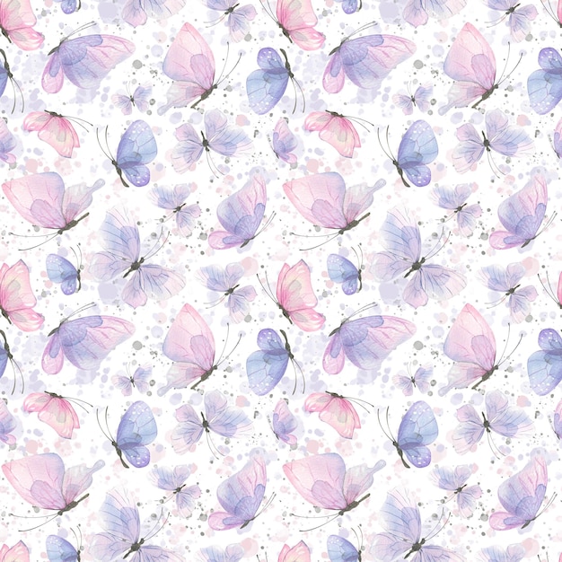 Delicate cute lilac and pink butterflies on a white background with splashes of paint Watercolor illustration Airy light seamless pattern from a large set of BUTTERFLIES AND CATS For background