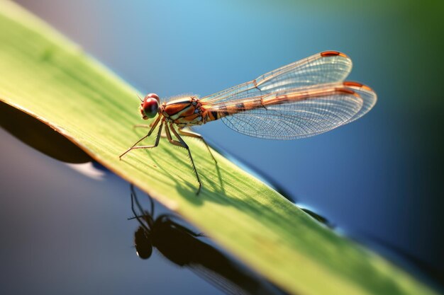 Delicate damselfly perched on a reed near water created with generative ai