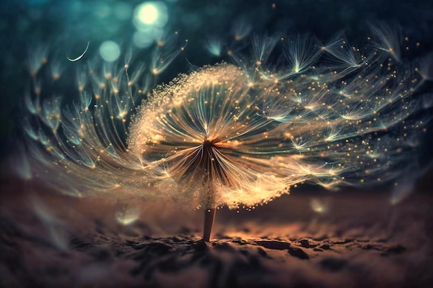 Delicate dandelion seeds take flight in a mesmerizing dance captured in a beautifully blurred nature background with abstract bokeh
