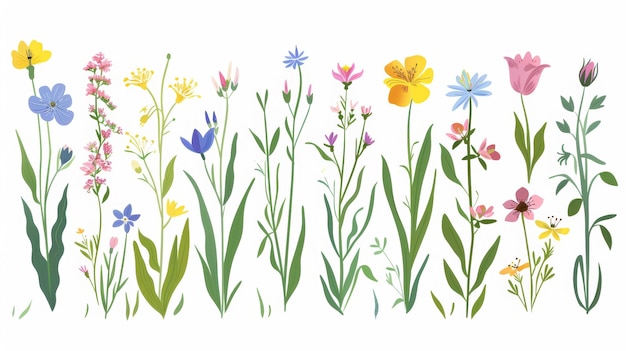 A delicate delicate delicate floral flora Charming wildflowers on white background Spring flowers Field floral plants Natural summer wild blooms stems and leaves Flat modern illustration