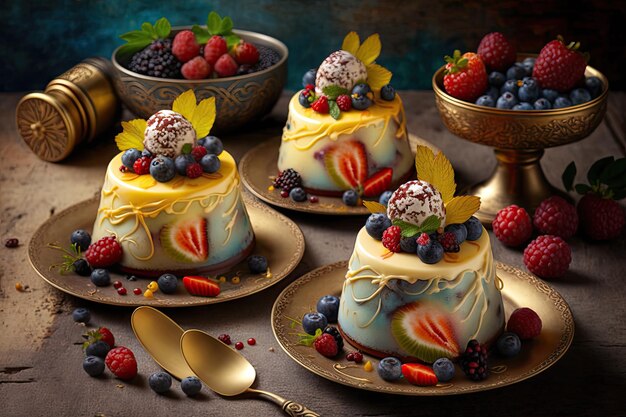 Delicate dessertmoussecakes met fruit en bessen op tafel gemaakt met generatieve ai