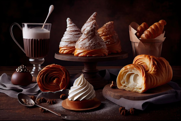 Delicate desserts for breakfast croissants and pastries in pastry shop