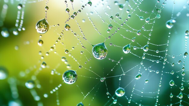 Photo delicate and detailed closeup of a wet spider web with sparkling water droplets reflecting the surrounding environment