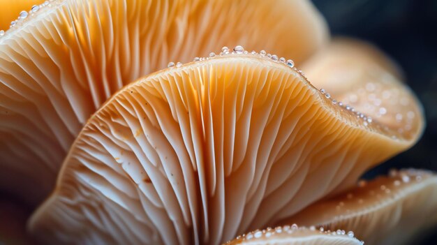 Delicate and detailed image of a mushroom with water droplets on its cap