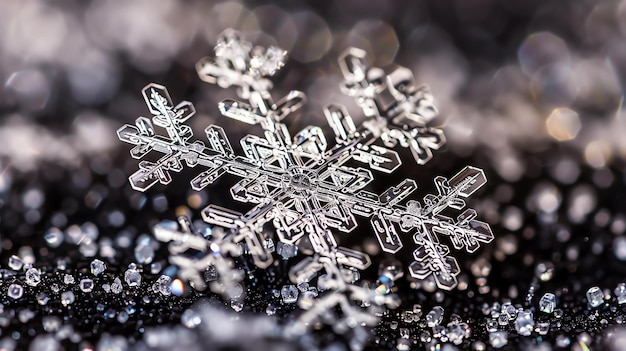 Delicate and detailed macro photography of a snowflake capturing its intricate and unique crystalline structure