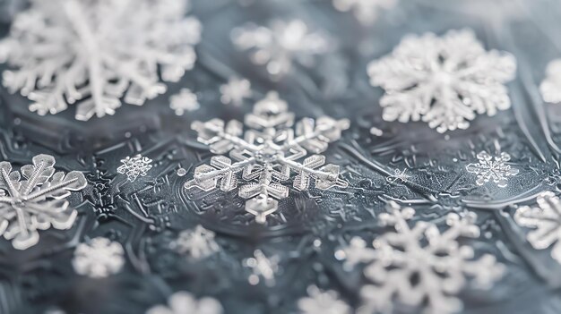 Photo delicate and detailed snowflakes on a reflective surface the intricate patterns of the snowflakes are highlighted by the light shining on them