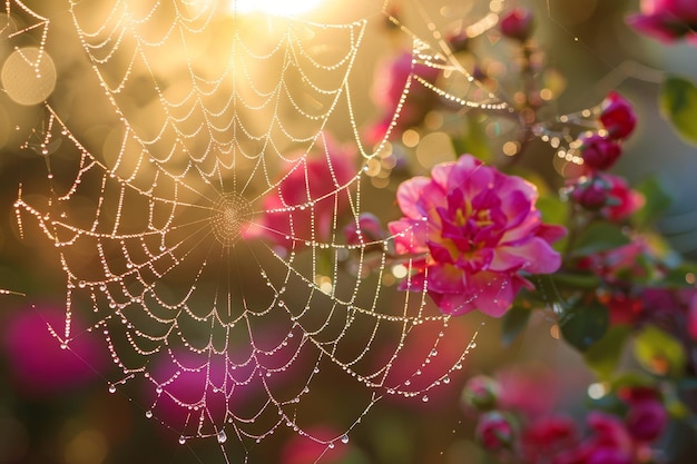 柔らかい 露 に 覆わ れ て いる 蜘蛛 の 網 は,活気 の ある 春 の 中 に 絡み合っ て,朝 の 太陽 に 輝い て い ます
